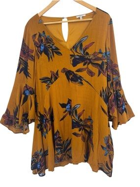 Jodifl earth tone colors swing dress bell sleeves rust blue florals womens.